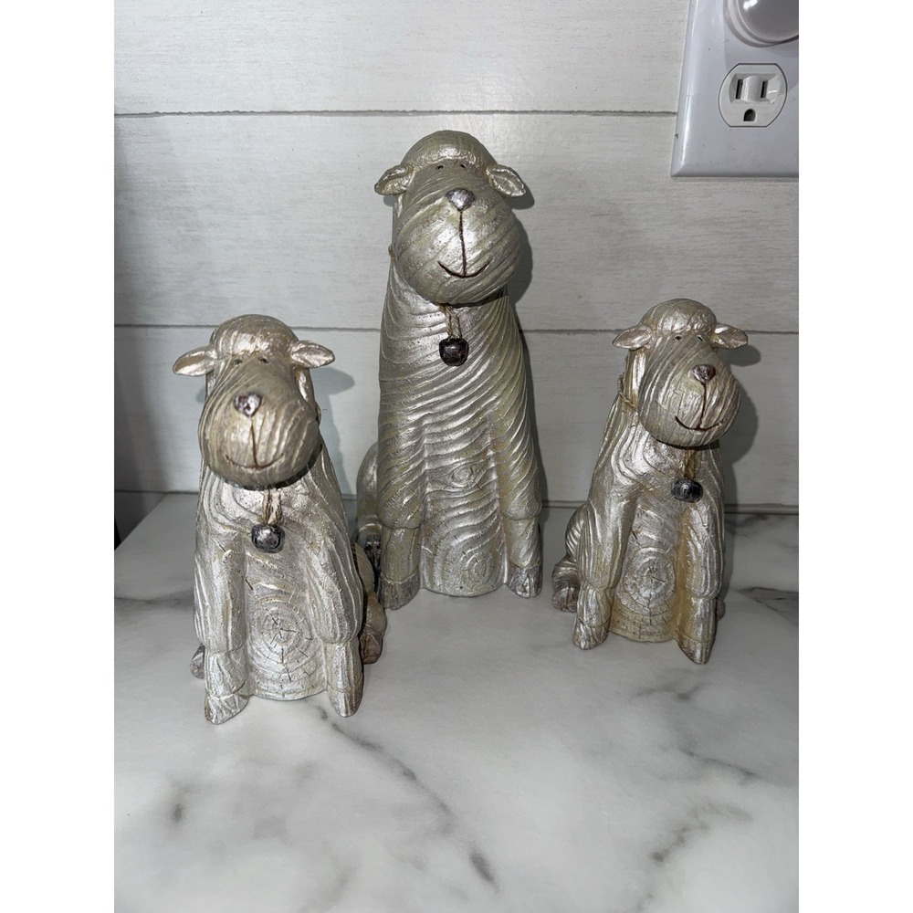 Country Chic Wood Look Resin Sheep Figurine with Bell Set of 3